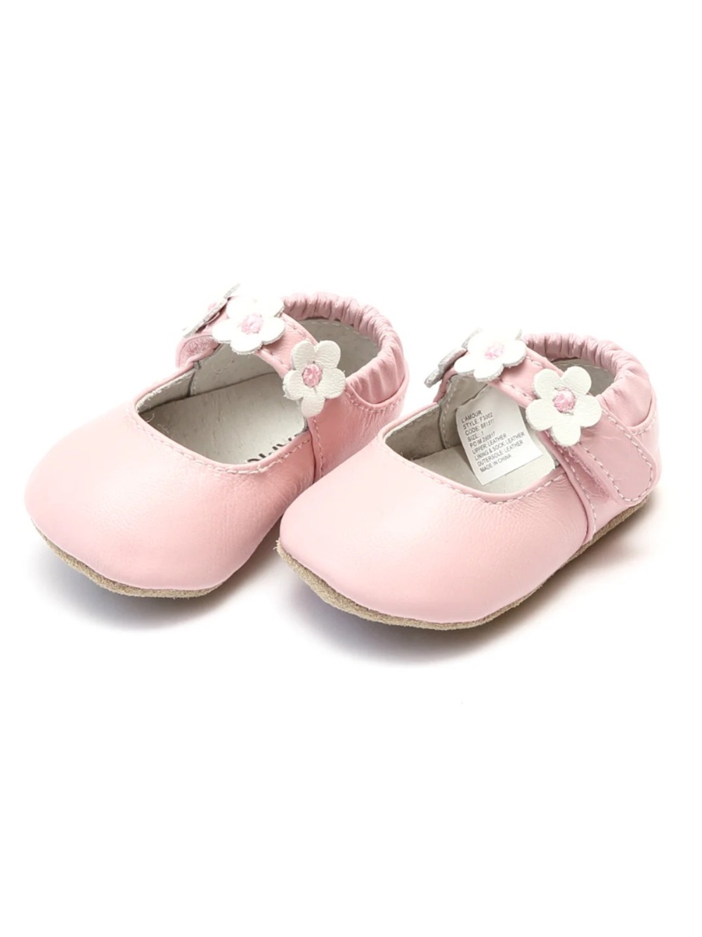 L'Amour Infant Pink Leather Mary Jane with White Flower Strap